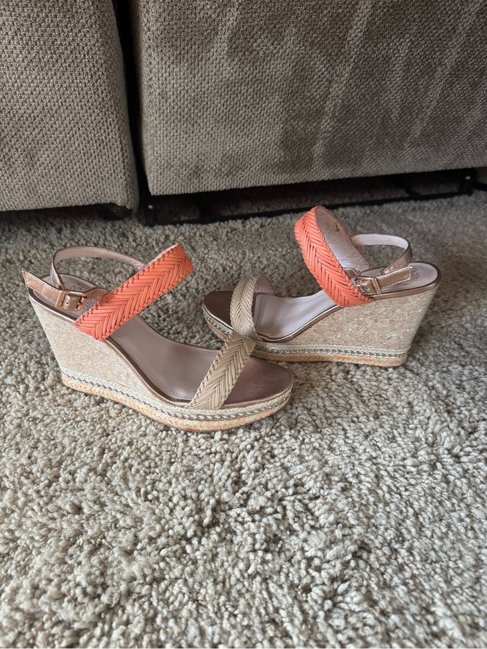 Vince Camuto Coral and Tan Braided Wedge Sandals